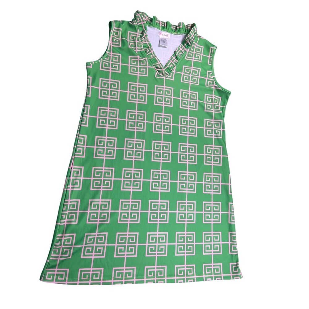 Top It Off Womens Large Green Pink Greek Key Shift Dress Ruffle Back‎ Sleeveless